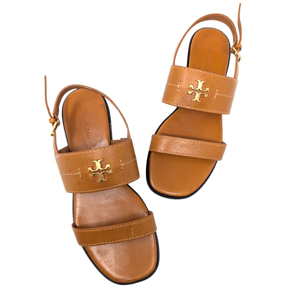 Tory Burch Everly Flat Sandals Size 7.5 Tan‎ Leather Logo Strap